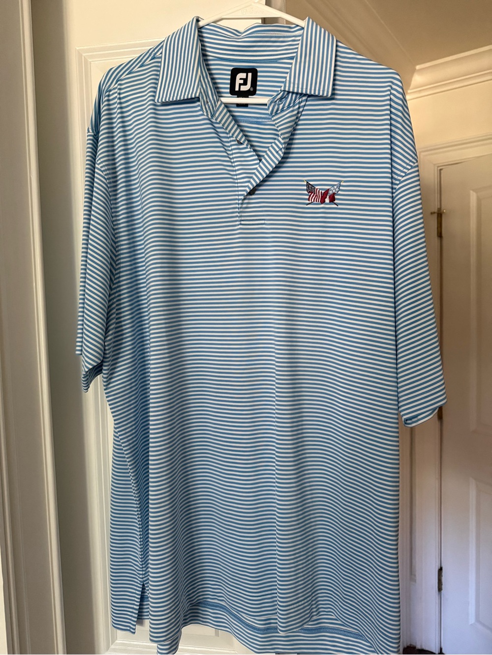 FootJoy Blue and White Striped Golf Polo with Embroidered Logo